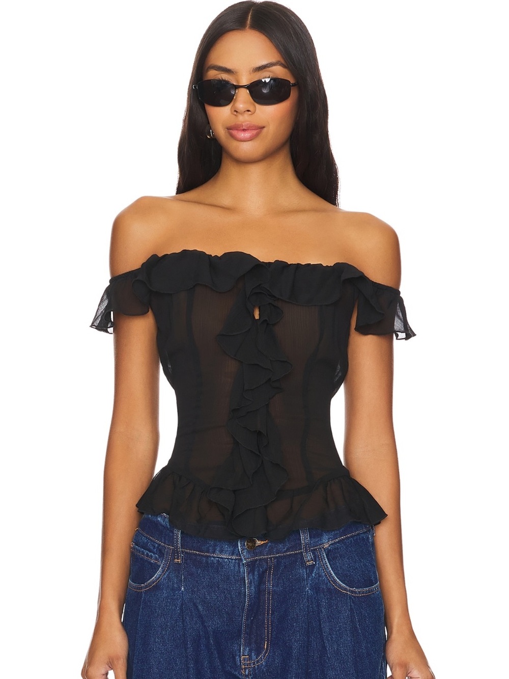 Lioness Black Off-Shoulder Ruffle Sheer Camisole